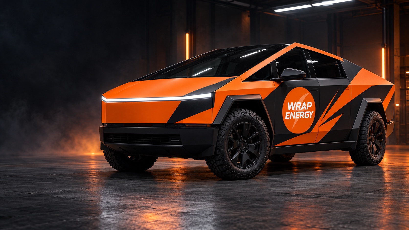 Tesla Cybertruck in orange and charcoal Wrap Energy livery with the studio logo, AI-generated concept