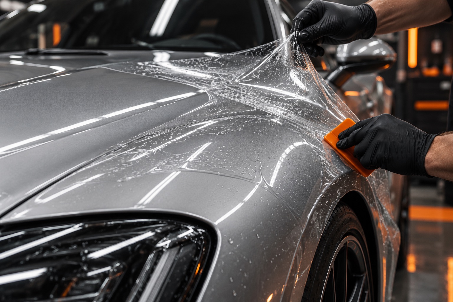 Illustrative close-up of transparent protective film being applied to silver paint